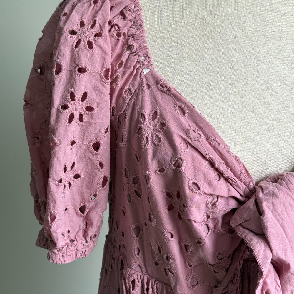 Eloquii Eyelet Detail Tie Front Puff Sleeve Maxi Dress Pink Mauve Size 18 - Picture 4 of 11